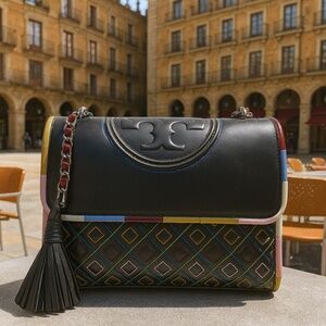 Tory Burch Fleming Piping Navy Leather Convertible Shoulder Bag/Crossbody Bag